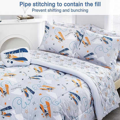 Mooreeke Full Size Comforter Sets for Boys Kids, 8 Pieces Bed in a Bag Grey Glider Bedding Comforter Sheet Set with Shams and Decorative Toy Pillow, Ultral Soft Microfiber Kids Bed Set