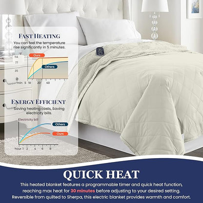 Thermee Micro Flannel Heated Blanket With Sherpa Back, Full Size, 10-Setting Electric, Programmable, Ultra-Soft, Fast Heating Thermal Throw - Sand