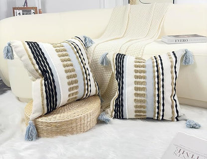 Boho Throw Pillow Covers 18x18 Aesthetic Neutral Boucle Couch Pillow Cover Rainbow Striped Decorative Accent Pillow Case for Couch Bed Sofa Farmhouse Bedroom,Modern Funky,Set of 2 Khaki