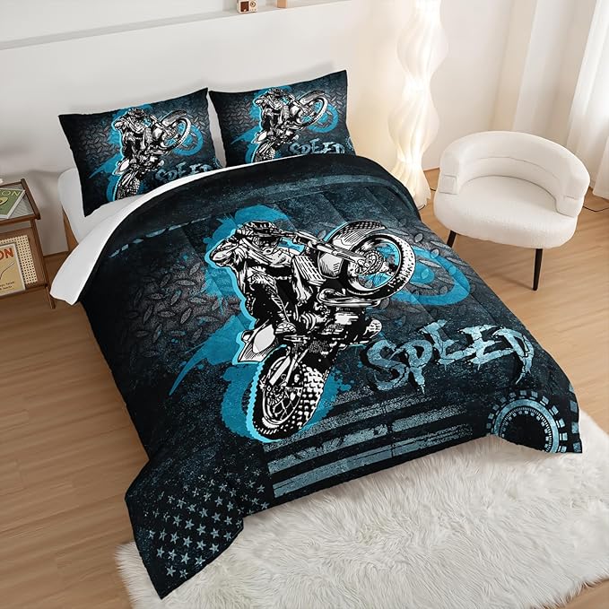 HOSIMA Dirt Bike Comforter Motocross Rider Bedding Set for Race Car Bed,American Flag Motorbike Comforter Full Size Extreme Sport Bedding Set for Boys Teens Mens Bedroom Essentials.