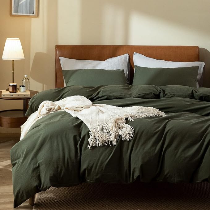 Jane yre Dark Green Duvet Cover King, 100% Washed Cotton Linen Like Textured 3 Pieces Bedding Set, Solid Color Simple Style Luxury Relaxed Feel Natural Wrinkled Breathable Soft Comfy