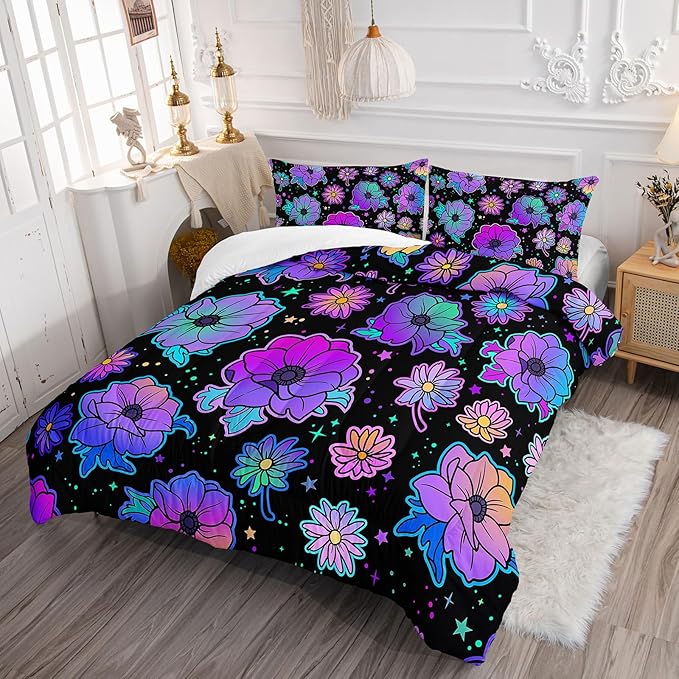 Axolotl Neon Floral Bedding Set King,Gradient Floral Comforter Set for Girls,Colorful Flower Bedding Stars,Galaxy Series Comforter for Kids Boys Girls Teens Adults,1 Quilt 2 Pillowcases,Black