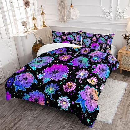 Axolotl Neon Floral Bedding Set King,Gradient Floral Comforter Set for Girls,Colorful Flower Bedding Stars,Galaxy Series Comforter for Kids Boys Girls Teens Adults,1 Quilt 2 Pillowcases,Black