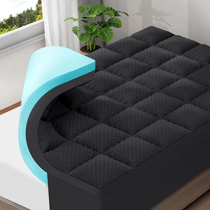OLANLY Dual-Layer 4 Inch Twin XL Size Memory Foam Mattress Topper for College Dorm Room Essentials, 2 Inch Gel Memory Foam Topper, 2 Inch Cooling Pillow Top Mattress Pad Cover, Black