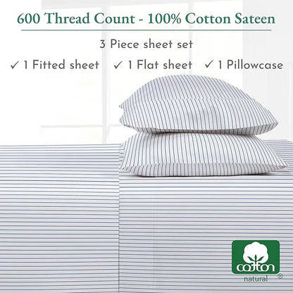 California Design Den Printed Striped Twin XL Sheets Set - 600 Thread Count, 100% Cotton Sateen, Premium Deep Pocket Extra Long Twin Sheets - Classic Blue Stripe Print