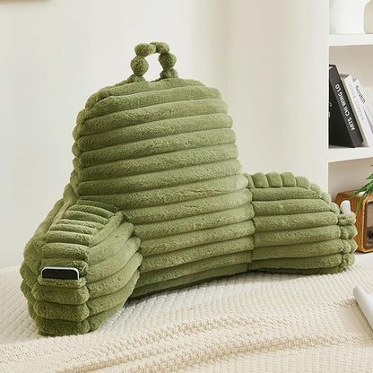 Faux Fur Fluffy Sage Reading Pillow with Pockets, Luxury Striped Plush Decorative, Arm Rests and Back Support for Bed Rest, Lounging on Sofa, Extra Large Size for Adult.