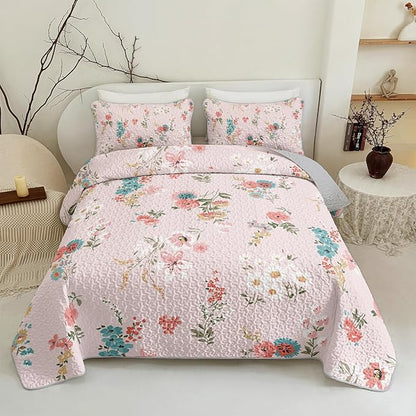QOOMO Floral Quilt Set Twin Size,Flower Bedspread Coverlet Set,Flower 3Pcs Bedding Set Printed Quilt with 2 Pillowcases,Soft and Lightweight,for All Seasons