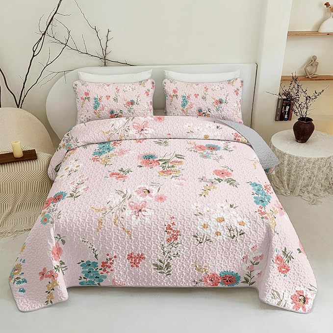 QOOMO Floral Quilt Set King Size,Flower Bedspread Coverlet Set,Flower 3Pcs Bedding Set Printed Quilt with 2 Pillowcases,Soft and Lightweight,for All Seasons