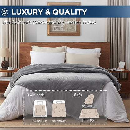 Westinghouse Electric Blanket Queen Size, Super Cozy Soft Flannel 84"" x 90"" Heated Blanket with 10 Fast Heating Levels & 1-12 Auto-Off, Machine Washable, ETL&FCC Certification, Light Grey