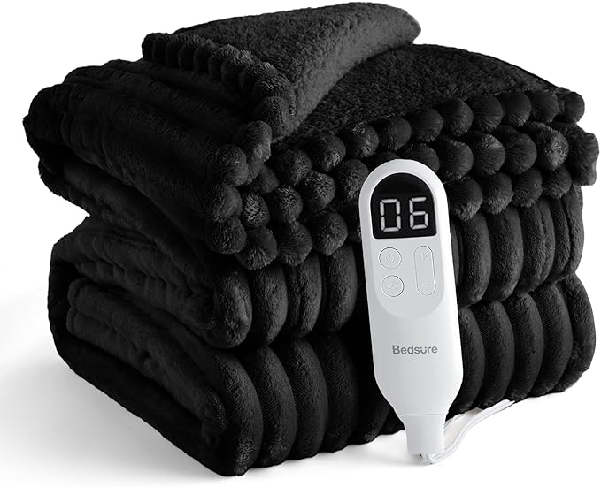Bedsure Electric Blanket Full Size - Thick Striped Flannel Heated Blanket with 6 Heat Settings, 10 Time Settings, 8-Hour Timer Auto Shut Off, Gifts for Grandma (72x84 inches, Black)
