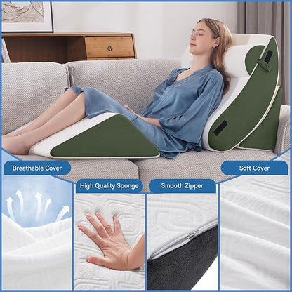 Wedge Pillow Set for After Surgery, 4 PCS Bed Wedge Pillow for Sleeping, Memory Foam Orthopedic Back Pillow for Pain Relief and Acid Reflux, Adjustable Post Surgery Pillow Green