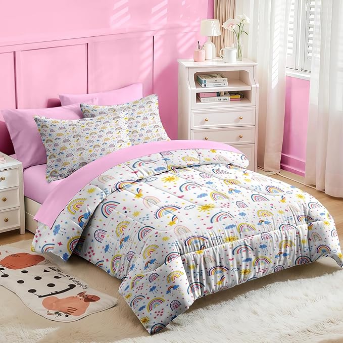 Nesker 7 Pcs Comforter Set Queen Size, Colorful Cartoon Bedding for Kids Teen, Cute Boho Rainbow with Fitted Sheet 2 Pillowcases & 2 Shams for Bedroom Bed Decor
