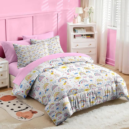 Nesker 5 Pcs Comforter Set Twin Size, Colorful Cartoon Bedding for Kids Teen, Cute Boho Rainbow Bed Sheet with Pillowcase & Sham