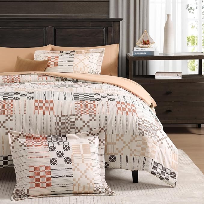 MaiRêve Full Size Comforter Sets, Classic Plaid Farmhouse Bedding Sets 7 Pieces, Beige All Season Bed in A Bag with Sheets, Pillowcases & Shams