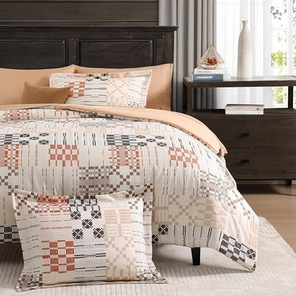 MaiRêve Queen Comforter Set, Classic Plaid Farmhouse Bedding Sets 7 Pieces, Beige All Season Bed in A Bag with Sheets, Pillowcases & Shams