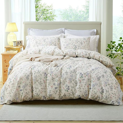 Floral Duvet Cover Set Full Size 100% Cotton Green Floral Comforter Cover 3 Pcs Lightweight Soft Aesthetic Floral Bedding Sets