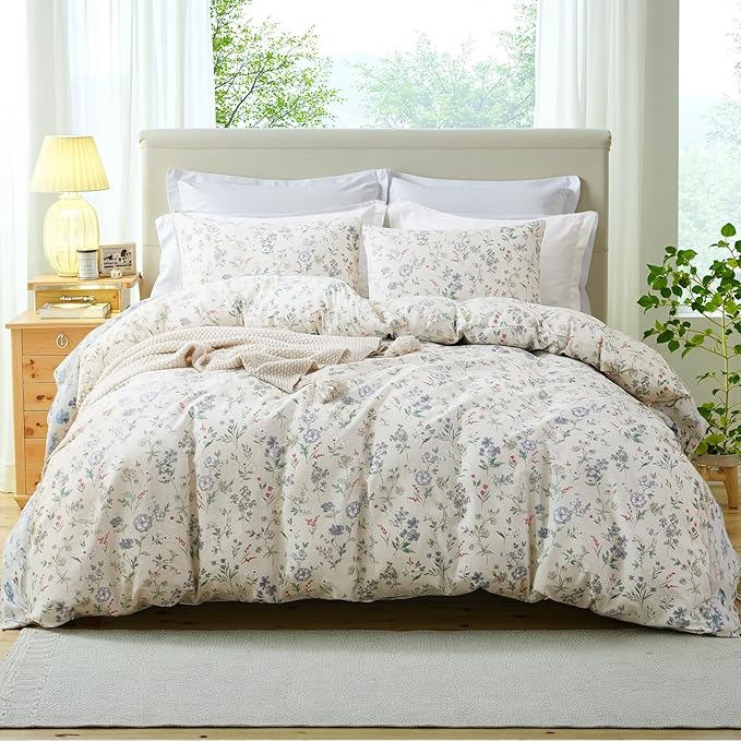 Floral Duvet Cover Set Twin Size 100% Cotton Green Floral Comforter Cover 2 Pcs Lightweight Soft Aesthetic Floral Bedding Sets