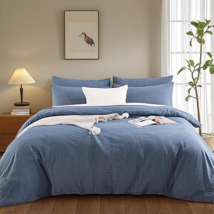 NEXHOME PRO Duvet Cover King 100% Washed Cotton, Organic Natural Linen Like Textured, Breathable, Durable, Home Bedding Set, Heathered Blue 10490