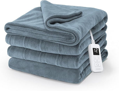 Sunbeam Electric Royal Luxe Microplush Heated Blanket, 12 Heat Settings, 12-Hour Auto Shut-Off, Fast Heating, Warm and Cozy, Cadet Blue Color, Twin (84" x 62")