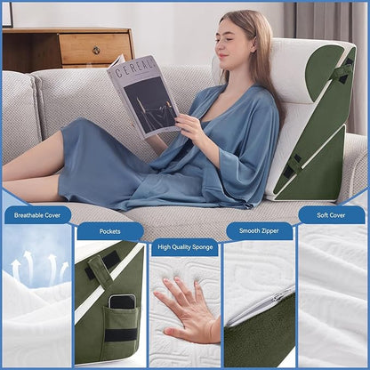 Wedge PillowSet for After Surgery, 3 PCS Bed Wedge Pillow for Sleeping, Memory Foam Orthopedic Back Pillow for Pain Relief and Acid Reflux, Adjustable Post Surgery Pillow Green