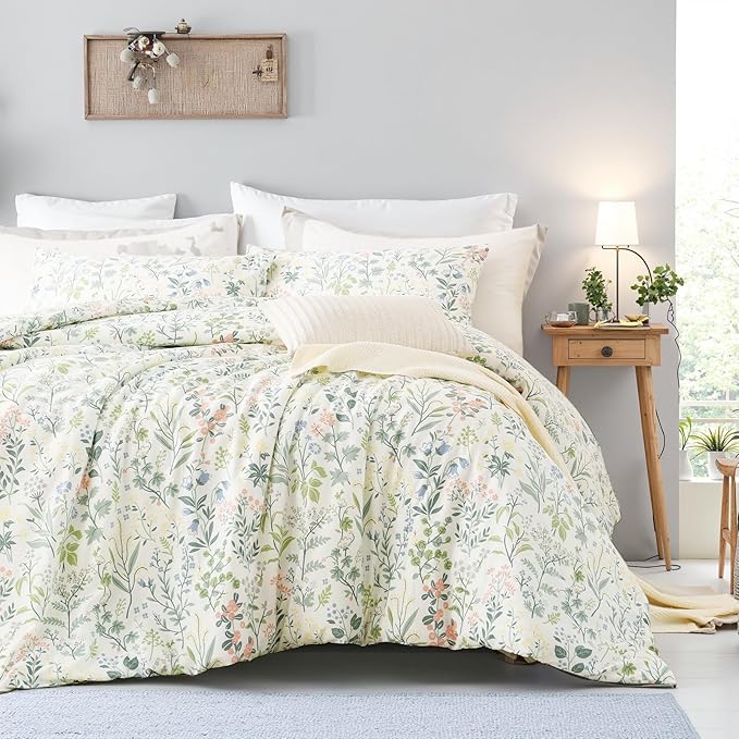 Duvet Cover Queen Size 100% Cotton Comforter Cover Green Floral Breathable Duvet Cover with Zipper Closure & Corner Ties 3 Pcs Green Fragrant Grass Duvet Cover Set