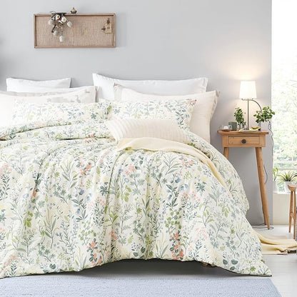Duvet Cover Queen Size 100% Cotton Comforter Cover Green Floral Breathable Duvet Cover with Zipper Closure & Corner Ties 3 Pcs Green Fragrant Grass Duvet Cover Set