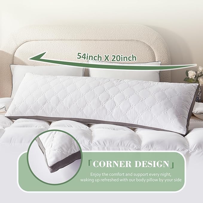 Decroom Memory Foam Body Pillow for Adults, Ultra-Soft Full Body Pillow with Diamond Quilted Cover, Support for Side Sleepers - Machine Washable, 20x54 Inch, White