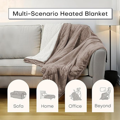 50"x60" Heated Electric Blanket Throw Thickened Flannel and Sherpa Heated Blanket,3 Hours Timer Auto-Off & 5 Heating Levels,for Bedroom Office Couch-Camel