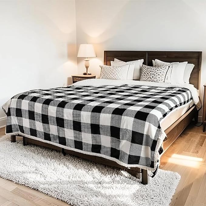 LUXIAN Electric Heated Blanket Queen Size 84"x90" - Flannel & Sherpa Fabric Dual-Sided, 6 Heat Settings & 1-10 Hours Auto Off, Machine Washable, Striped Checkered