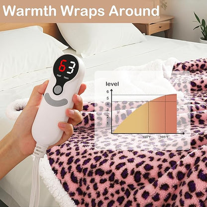 Electric Heated Blanket Full Size 72"×84" with 6 Heating Levels &10Hs Auto Off, Heating Double Sided Plush Sherpa, Fast Heating, Machine Washable Leopard Print Pink & Purple