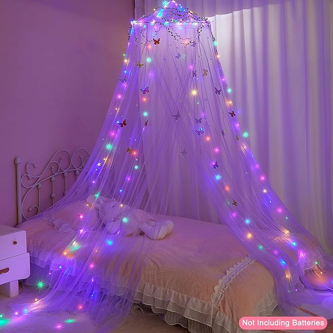 FIOBEE Bed Canopy for Girls Room Bed Canopy Curtains with Led Lights Mosquito Net DIY Princess Room Décor with Stars Butterflies for Kids Bedroom, Purple