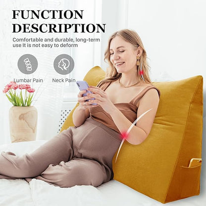 10 lbs Thickened Full Headboard Pillow for Sitting Up in Bed, Back Support Reading Pillow with Side Pocket and Velvet Removable Cover, Triangular Large Wedge Headboard Pillow