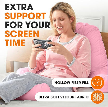 Cheer Collection Reading Pillow Chair - Chair Pillow with Arms and Detachable Neck Bolster for Bed & Couch - Machine Washable, Pink