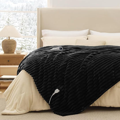 Bedsure Electric Blanket Full Size - Thick Striped Flannel Heated Blanket with 6 Heat Settings, 10 Time Settings, 8-Hour Timer Auto Shut Off, Gifts for Grandma (72x84 inches, Black)