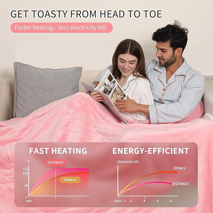 ESTINGO Heated Blanket Queen, Dual Control Electric Blanket Queen Size with 5 Heating Levels & 10 Hours Auto Off, Machine Washable Plush Heating Blanket for Bed Camping Office 84" x 90", Pale Pink