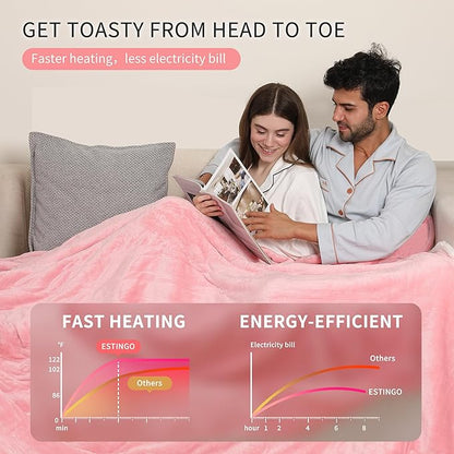 ESTINGO Heated Blanket Queen, Dual Control Electric Blanket Queen Size with 5 Heating Levels & 10 Hours Auto Off, Machine Washable Plush Heating Blanket for Bed Camping Office 84" x 90", Pale Pink