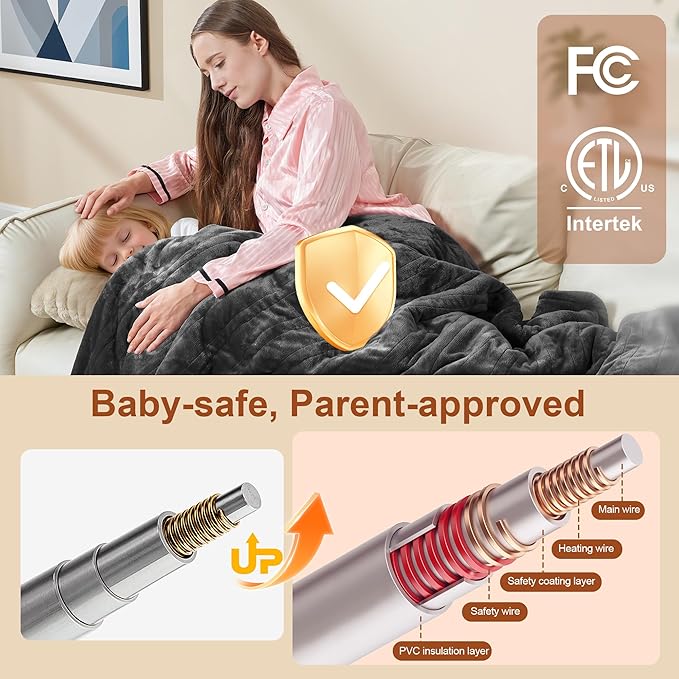 Electric Blanket Heated Twin Size, Ultra-Soft 84" x 62" Heating Blankets, Fast, Even & Efficient Heating, 1-12 Hours Auto-Off and 6 Heatin Settings, UL Listed for Safety, Warm Gift for Grandma
