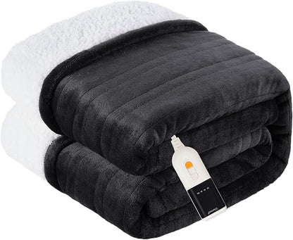 Heated Blanket Electric Blanket King Size Soft Flannel Sherpa, 6 Heat Levels Fast Heating, 2 to 10 Hours Auto-Off Detachable Controller Machine Washable, Grey 100"x90"