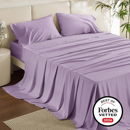 Bedsure Queen Sheet Set, Rayon Derived from Bamboo, Cooling Sheets, Breathable & Soft, Deep Pocket Up to 16 Inches, Hotel Luxury Silky Bedding for Hot Sleepers, Lilac