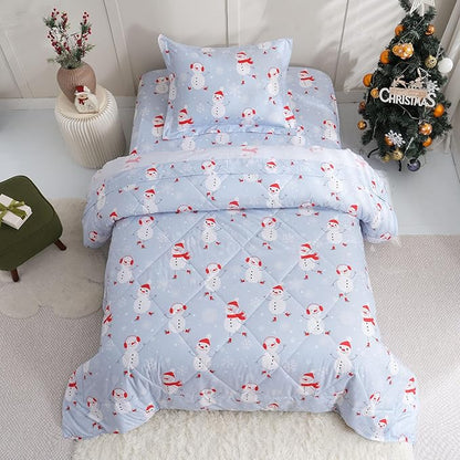 JSD Blue Snowman Kids Comforter Set Twin Size, 2 PC Christmas Winter Printed Microfiber Bedding Set