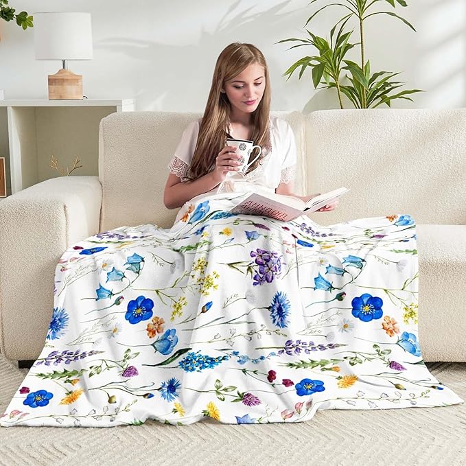 Floral Throw Blanket Birthday for Mom Women Blue Watercolor Flowers Blanket Soft Fuzzy Flannel Bed Blanket Plush Floral Throw for Couch Sofa Bed Chair 60"x80"