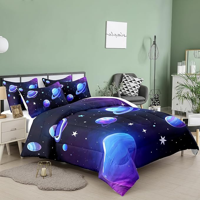 Peopleareok Galaxy Comforter Set Full(79x90 Inch), 3 Pieces 3D Space Planets Bedding Set for Teens Boys Girls, Super Soft Lightweight for All Seasons, Includes 1 Comforter and 2 Pillowcase