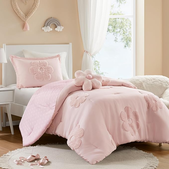 Intelligent Design Kids Twin Comforter Set for Girls, Tufted Chenille Floral Comforter Set Twin, Lightweight Polka Dot Comforter Reversible Bed Set, Sham, Pillow, Gracie, Twin Pink 3 Piece