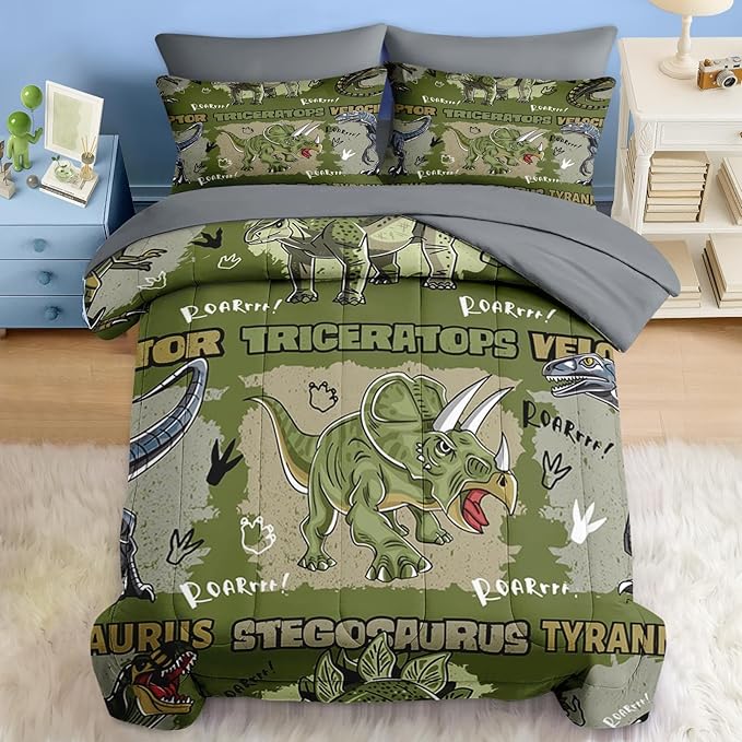 Comforter Set Full Size, Cool Cartoon Dinosaur 7 Pcs Bedding for Kids and Adults, Jungle Wildlife Animal Bed Sheet Sets with Fitted Sheet 2 Pillowcases & 2 Shams for Bedroom Bed Decor