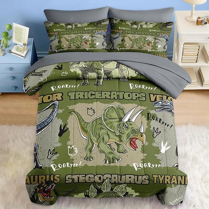 Comforter Set Queen Size, Cool Cartoon Dinosaur 7 Pcs Bedding for Kids and Adults, Jungle Wildlife Animal Bed Sheet Sets with Fitted Sheet 2 Pillowcases & 2 Shams for Bedroom Bed Decor