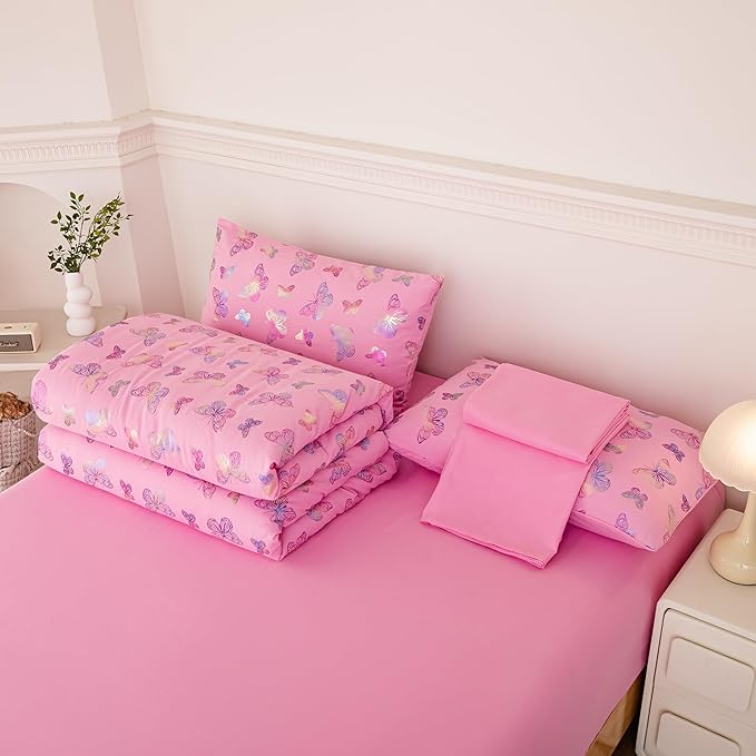 MWMWMW 5 PCS Pink Butterfly Comforter Set Queen, Girls Butterfly Bedding Set Queen, Girls Pink Comforter Sets with 1 Comforter, 1 Flat Sheet, 1 Fitted Sheet & 2 Pillowcases