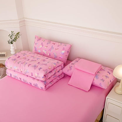 MWMWMW 5 PCS Pink Butterfly Comforter Set Queen, Girls Butterfly Bedding Set Queen, Girls Pink Comforter Sets with 1 Comforter, 1 Flat Sheet, 1 Fitted Sheet & 2 Pillowcases