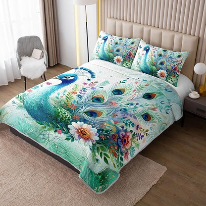 Teal Blossom Peacock Animal Quilt Bedding Full 3Pcs Flower Butterfly Pattern Bed Set Watercolor Feather Lightweight Bedspread Coverlet with 2 Pillowcases for Kid Boy Girl Teen Adult Room Decor