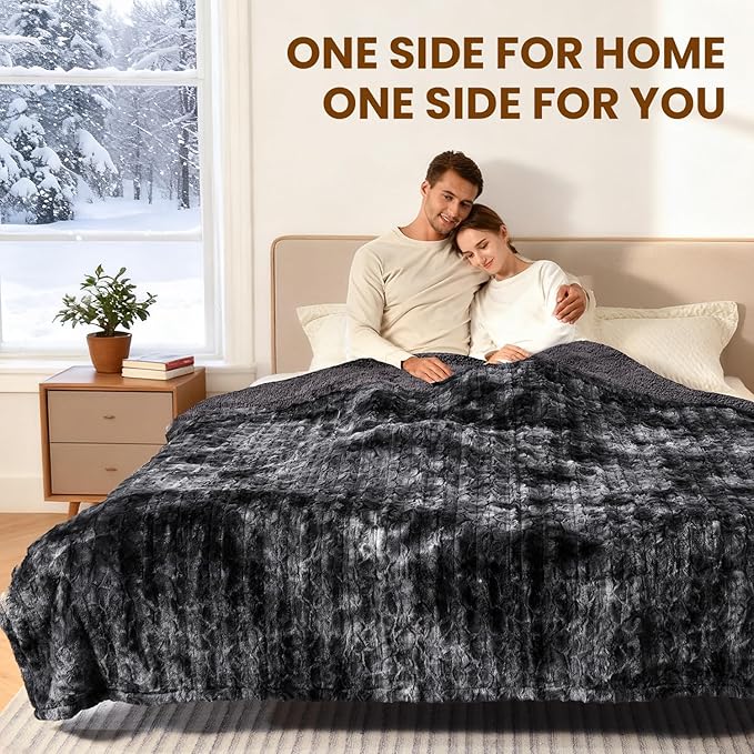 Bearhug Heated Blanket with Dual Controls Electric Heating Blankets Auto Shutoff Electric Blanket Machine Washable Overheat Protection Marble Black Queen Size 84"x 90"