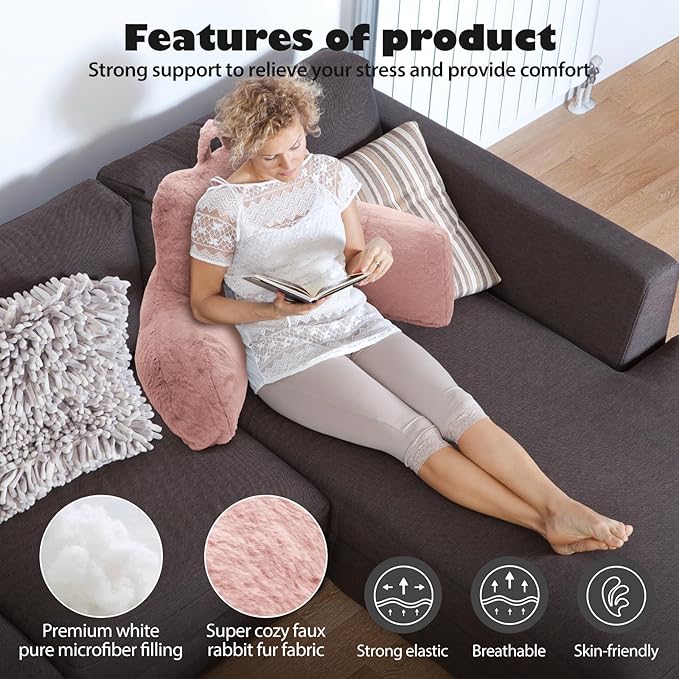 Reading Pillow, Back Support Pillow for Bed Sitting Up, Standard Bed Rest Pillow with Arms for Adults,Back Support Pillow for Couch and Chair, Bed Reading Pillow, Pink